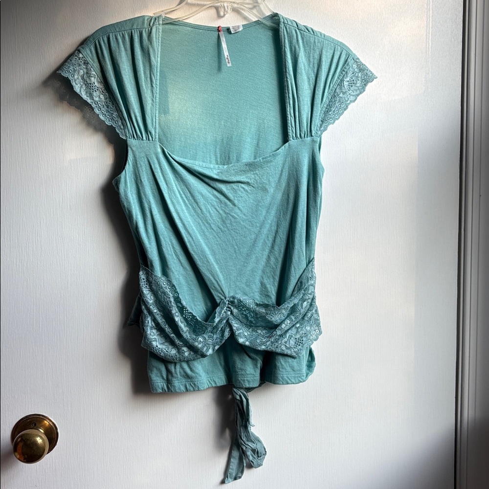Anthropologie Ric Rac Blouse Light Teal Blue Green Lace Cap Sleeves Tie Back Bow
